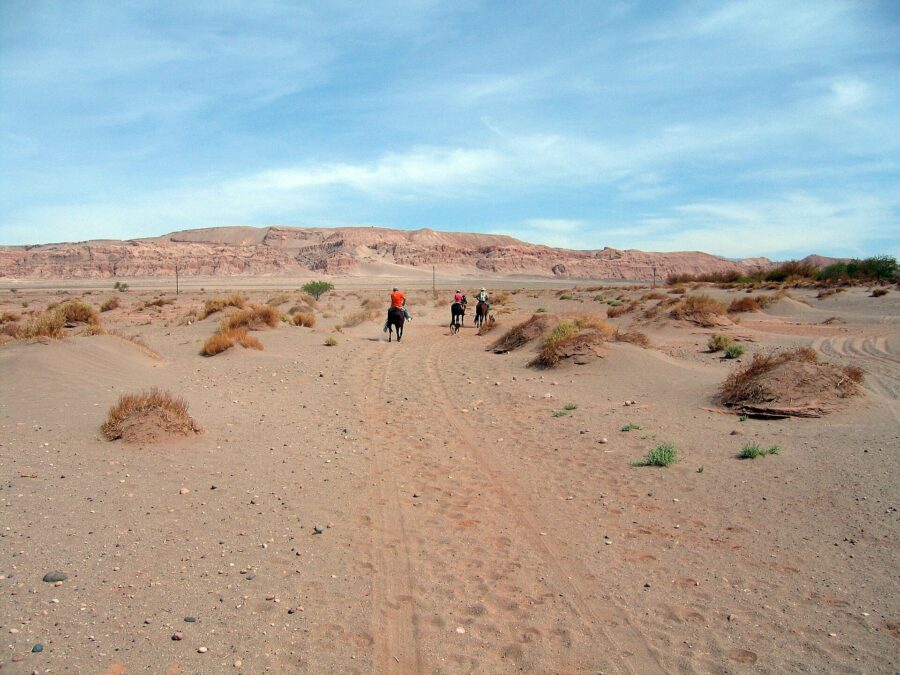 Several individuals stroll on a dirt road through the San Pedro de Atacama Desert in Chile, surrounded by arid landscapes.
