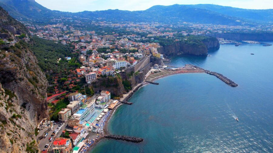 Aerial view of the Sant'Agnello - Meta seafront, showcasing the beautiful bay of the Sorrentine Peninsula in Sorrento