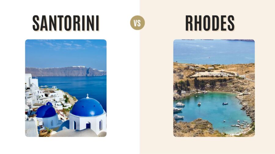 Split image comparing Santorini and Rhodes. Left: Santorini's iconic white buildings with blue domes by the sea. Right: Rhodes' rocky bay with boats. "Santorini vs Rhodes" text above.