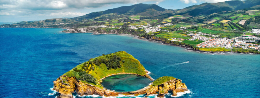 Aerial view of the stunning Islet of Vila Franca do Campo, showcasing its heart-shaped formation in the Azores, Portugal.