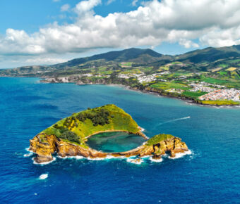 Aerial view of the stunning Islet of Vila Franca do Campo, showcasing its heart-shaped formation in the Azores, Portugal.
