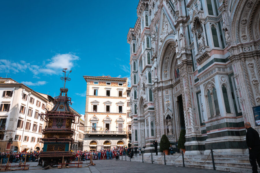 The Colombina dove rocket nears the Brindellone cart at the Scoppio Del Carro festival in Florence, Italy.