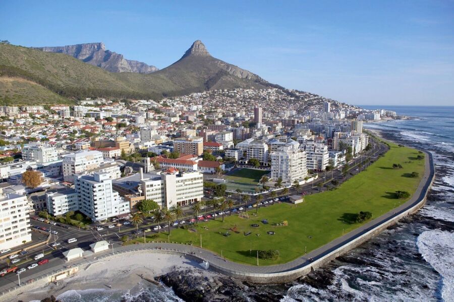 Aerial view of Cape Towns Sea Point, showcasing urban charm and stunning natural landscapes.