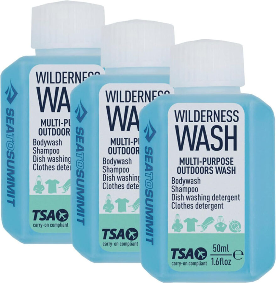 Sea to Summit Camp Soap 3-pack, featuring three 100ml bottles of wilderness wash for outdoor cleaning needs.