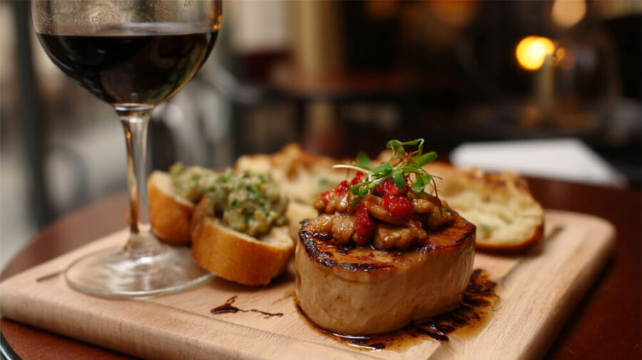 Seared foie gras medallion with crostini, mushroom garnish and red wine pairing.