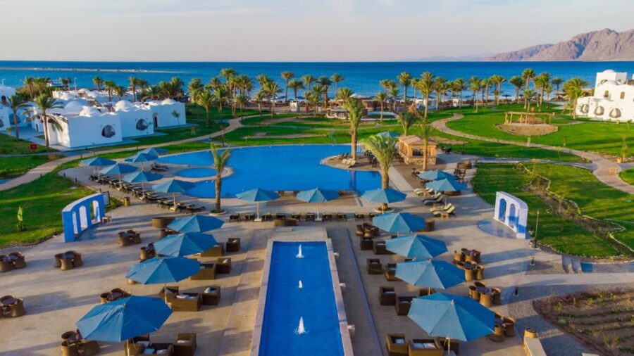 Luxury beachfront resort in Dahab with palm trees, infinity pool, lounge chairs, and Red Sea views.