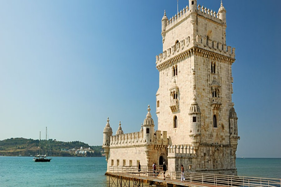 Belém Tower in Lisbon, Portugal, historic Manueline seaside watchtower on the Tagus River.