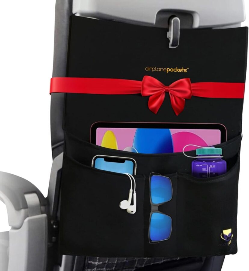 Airplane seatback travel organizer with tablet, phone, water bottle, and sunglasses.