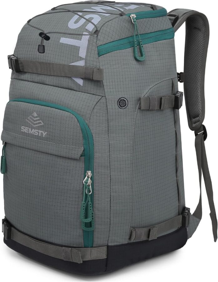 Grey backpack with a green handle, labeled as SEMSTY Ski Helmet & Gear Bag.
