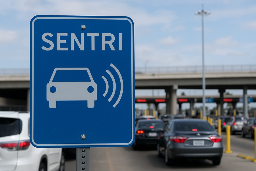 SENTRI lane sign at US-Mexico border crossing with cars and overpass.