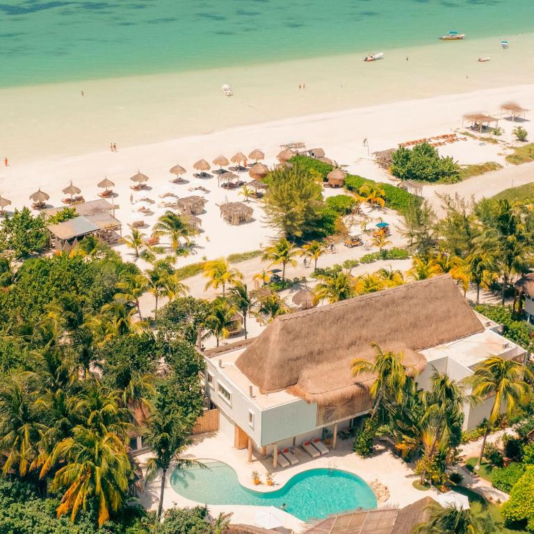 Aerial view of Ser Casasandra Boutique Hotel and the beach on Isla Hoblox, showcasing the resort's scenic coastal location.
