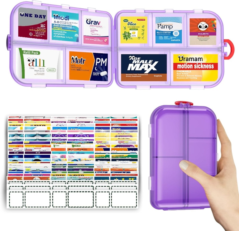 Purple SESIIduo large label pill organizer filled with assorted pills in different sections.