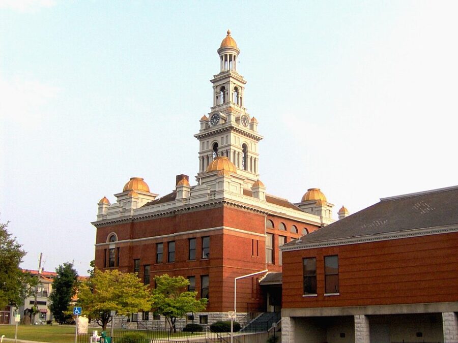 Sevier County Courthouse featuring a prominent clock tower, located in Sevierville, Tennessee.