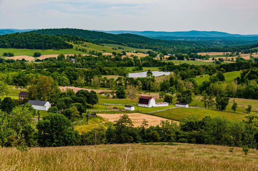 Expansive Shenandoah Valley farmland under a clear sky at Sky Meadows State Park, Virginia  