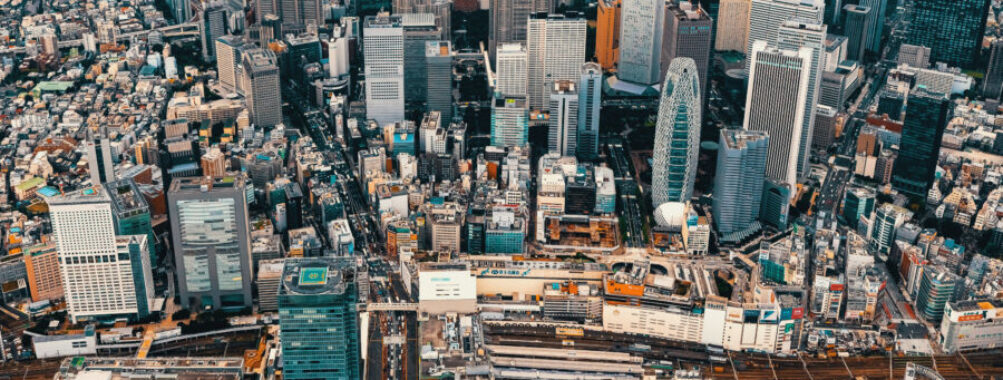 Aerial view of Shinjuku's skyscrapers, showcasing the dense urban landscape of Tokyo, Japan.