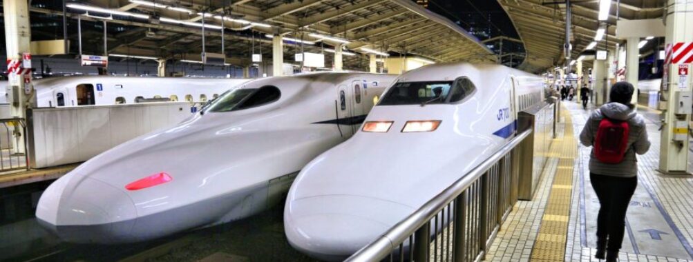 Shinkansen Tokaido bullet train at Tokyo Station, Japan. Tokaido route is served by Hikari and Nozomi Shinkansen trains.