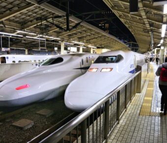 Shinkansen Tokaido bullet train at Tokyo Station, Japan. Tokaido route is served by Hikari and Nozomi Shinkansen trains.