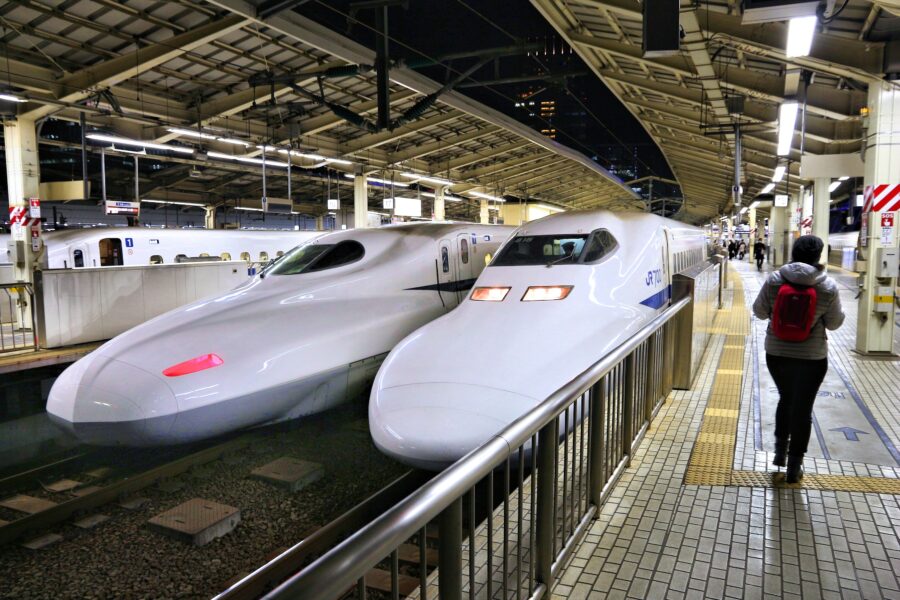 Shinkansen Tokaido bullet train at Tokyo Station, Japan. Tokaido route is served by Hikari and Nozomi Shinkansen trains.