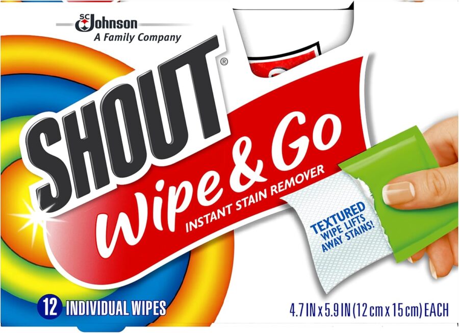 Shout Wipe and Go instant stain remover, 12 individual portable textured wipes.