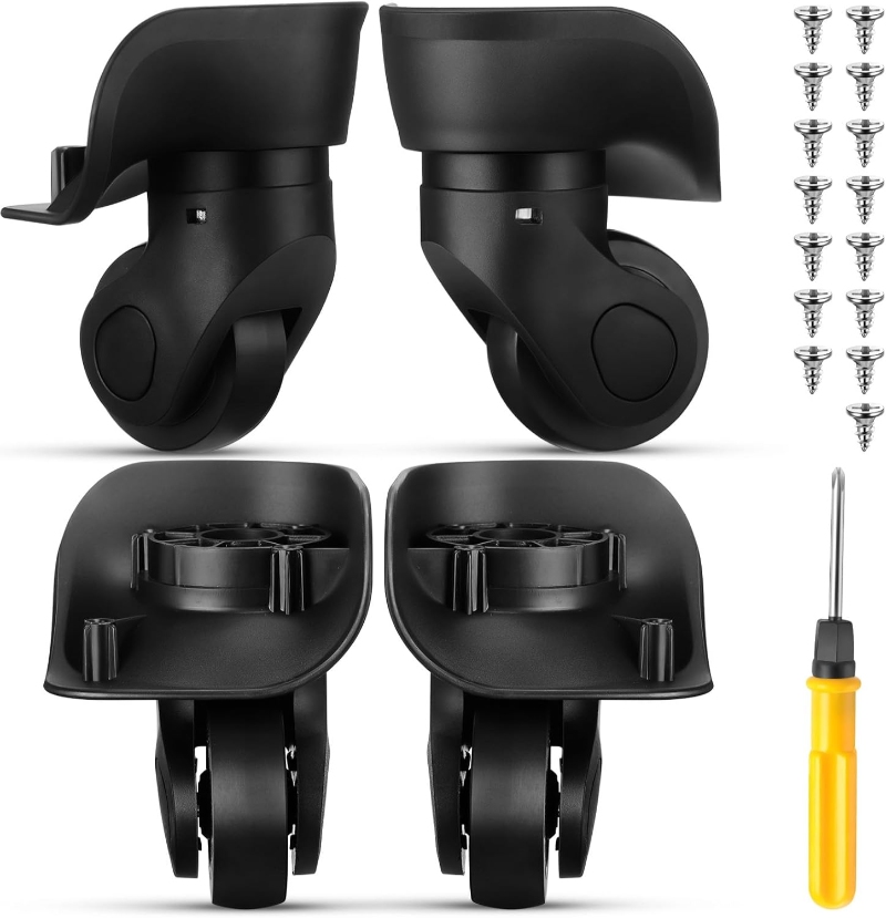 Black replacement wheels for luggage, accompanied by screws and tools, from the Silkfly Luggage Wheels Replacement Kit.
