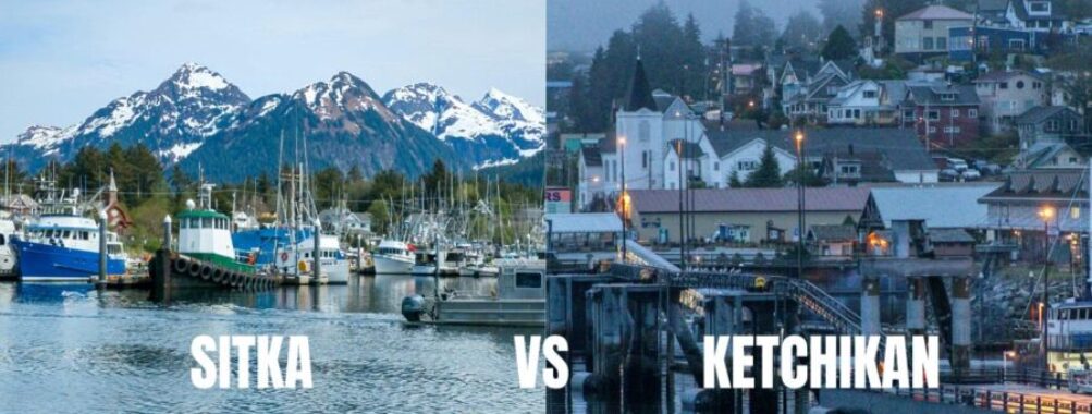 Sitka and Ketchikan Alaska harbor split image showing fishing boats and waterfront town.