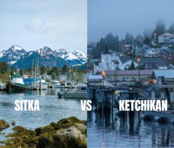 Sitka and Ketchikan Alaska harbor split image showing fishing boats and waterfront town.