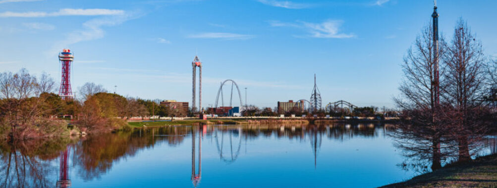 Picturesque body of water at Six Flags Fiesta Texas, offering a peaceful view amidst the excitement of the park.