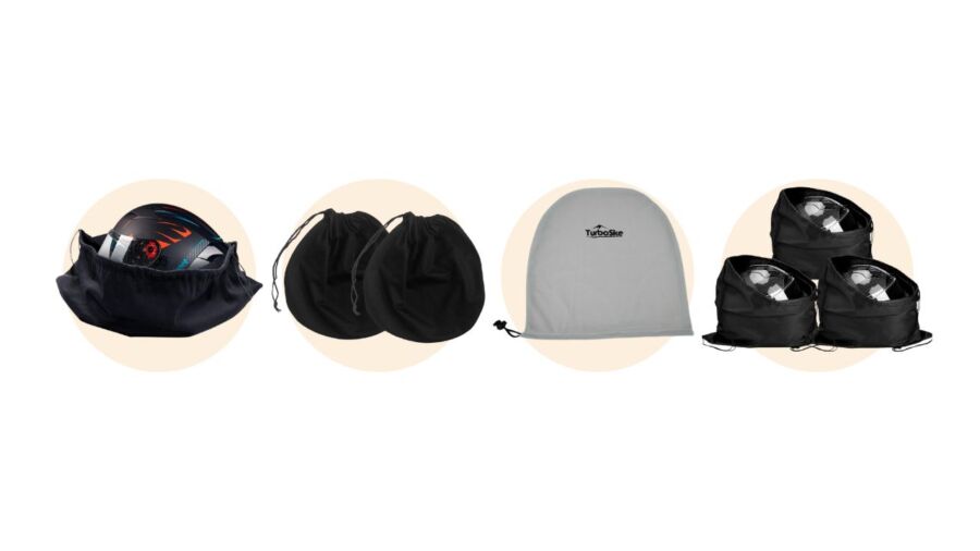 Several packable ski helmet bags arranged together, highlighting their lightweight materials and convenient storage features.