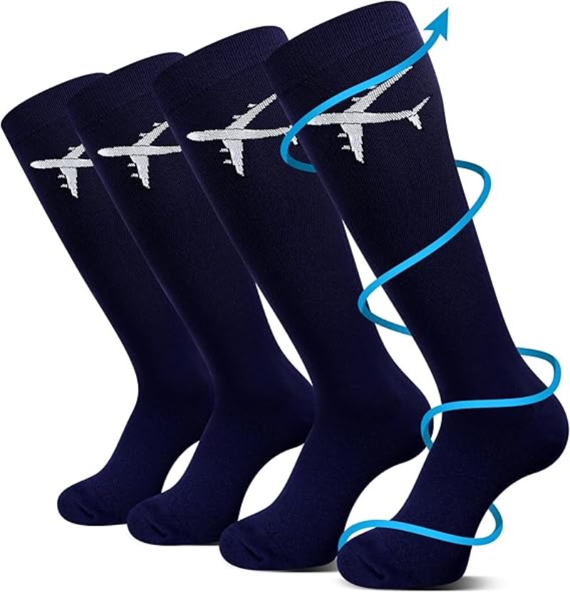 Three pairs of Skicuff Travel Compression Socks featuring colorful airplane designs.
