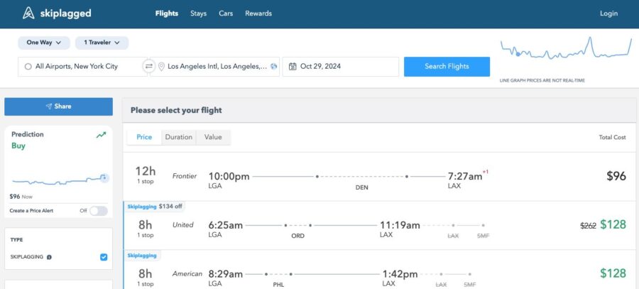 Flight search interface on Skiplagged showing New York to Los Angeles options with prices and recommendations.