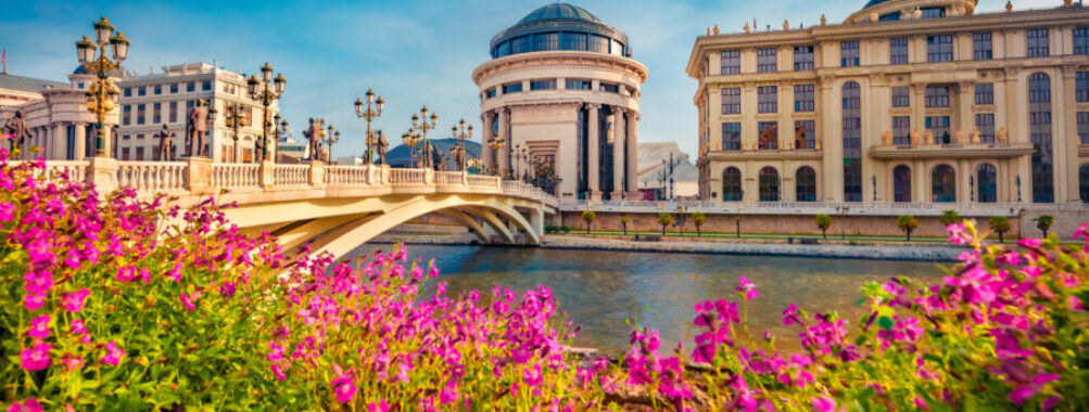 Blooming violet flowers line the Vardar river, showcasing a vibrant spring scene in Skopje, North Macedonia, near the Archaeological Museum.