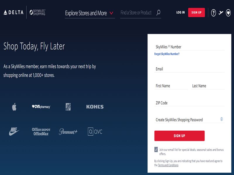 Delta SkyMiles Shopping page: Earn miles online at top stores like Apple and Nike.