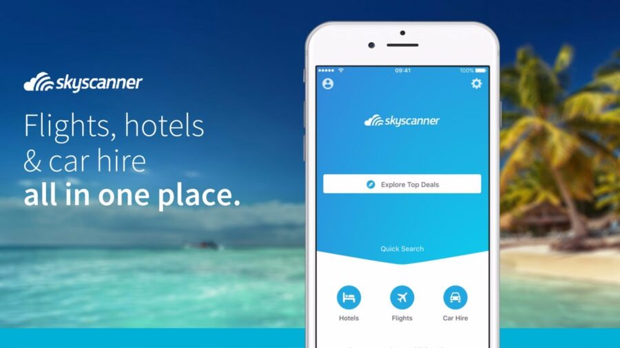 Skyscanner app on smartphone for flights, hotels, car hire, with beach background.