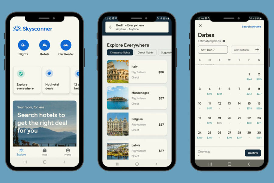 The Skyscanner app screens showcase features for booking flights, hotels, and car rentals.