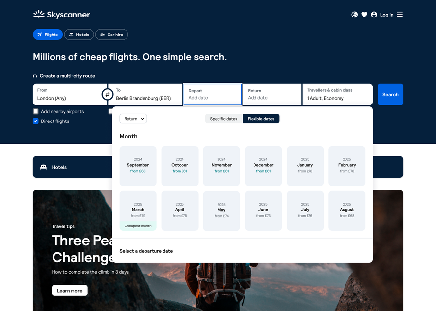 Skyscanner UI: Search cheap flights, travel tips, and flexible date options.