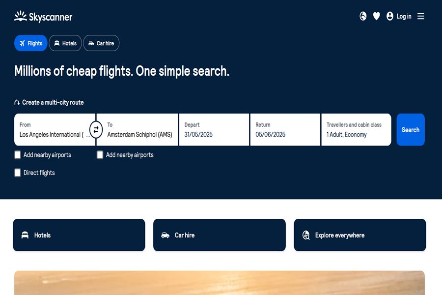 Skyscanner interface: search flights, hotels, and car rentals easily with modern design.