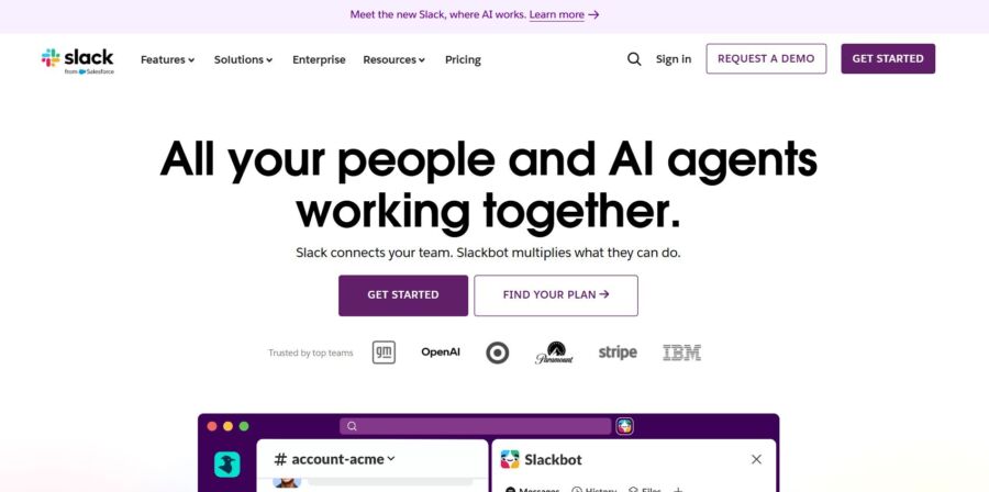 Slack homepage promoting collaboration between people and AI agents. Features 'Get Started' and 'Find Your Plan' buttons. Logos of trusted brands like GM and IBM are displayed