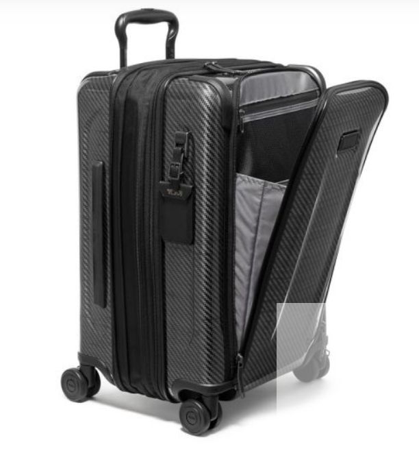 Sleek black carry-on suitcase with ergonomic handle, smooth wheels, and spacious interior.