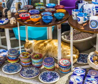 Ginger cat sleeps beneath tables displaying colorful ceramic bowls and mugs, with intricate patterns creating a vibrant, cozy market scene in Greece.