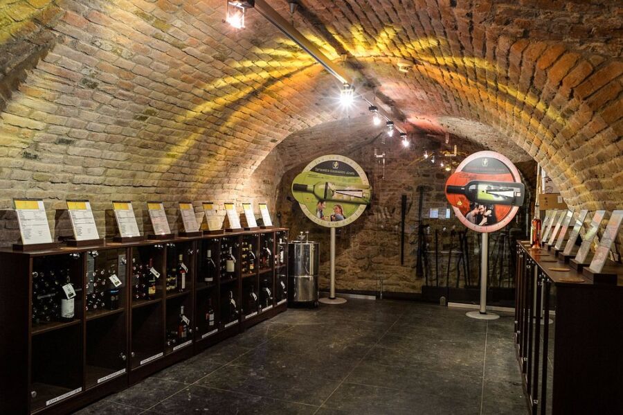 Interior view of the Bratislava National Wine Salon, showcasing wine displays and visitors enjoying the tasting experience

