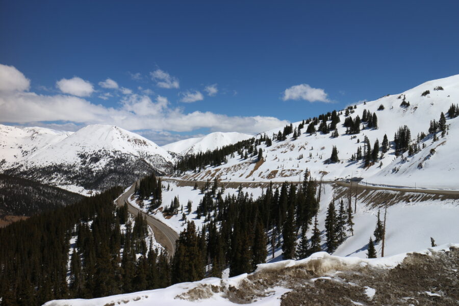 Snow-covered Loveland Pass at the Continental Divide in Denver, Colorado, showcasing a winter landscape