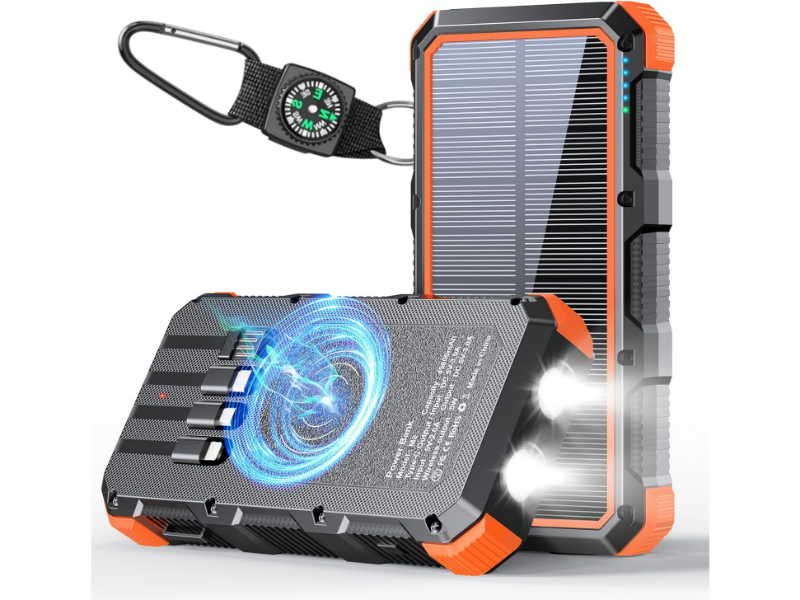Rugged solar power bank featuring 49800mAh capacity, outdoor durability, and built-in compass.