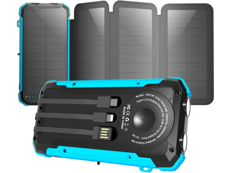 Rugged solar power bank in black and blue with folding panels and multiple USB ports.