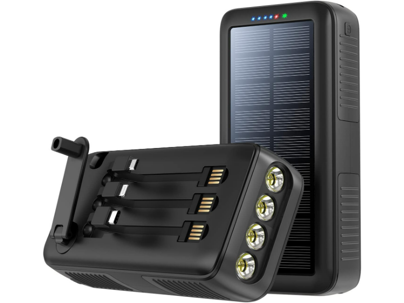 Portable solar power bank with solar panels, hand crank, integrated cables, and LED lights.