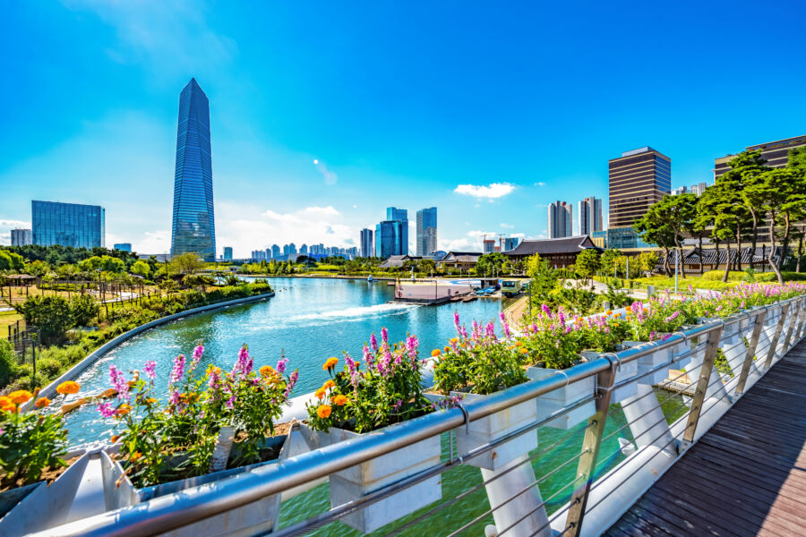 Cityscape of Songdo International Business District, showcasing modern architecture and skyline in Incheon, South Korea