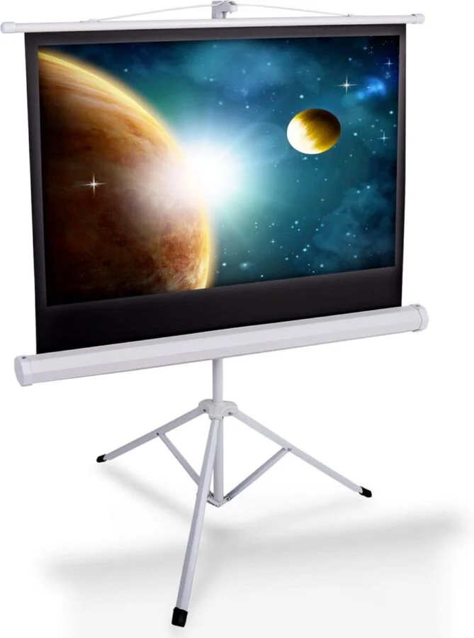 Portable projection screen displaying a vivid cosmic scene with colorful planets and stars.