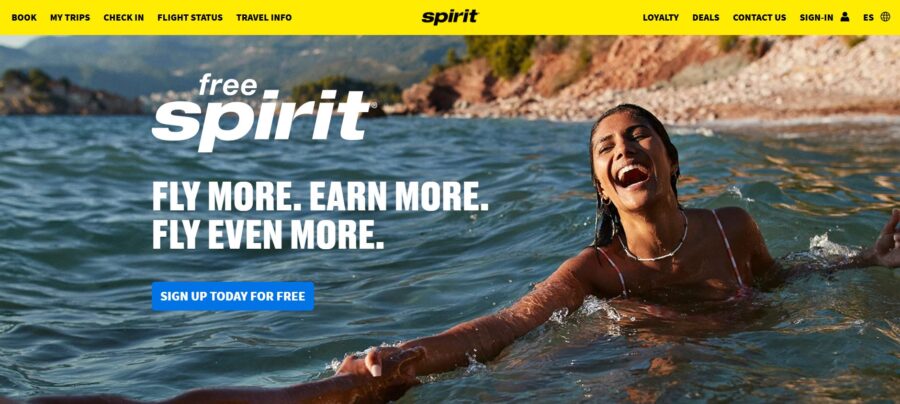 Spirit Airlines Free Spirit Loyalty Program webpage featuring membership benefits and sign-up options.