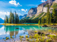 Scenic view of Spirit Island on Maligne Lake, surrounded by mountains in Jasper National Park, Alberta, Canada.