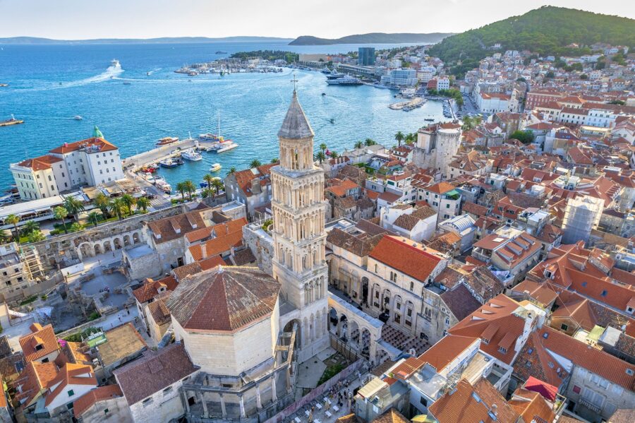 Aerial view of Split, Croatias historic architecture and scenic Adriatic coastline.