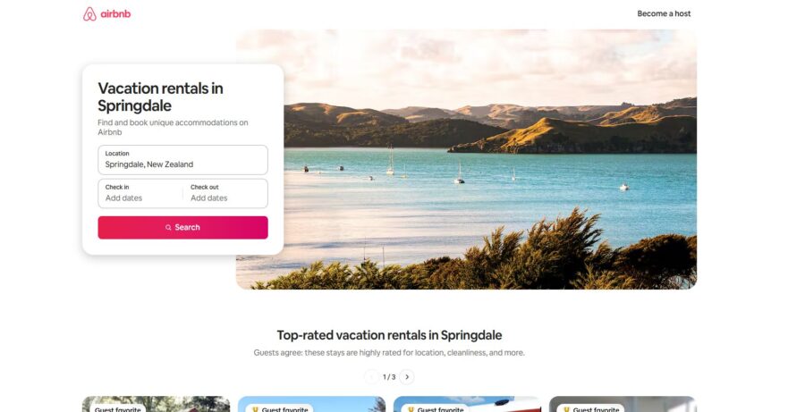 Travel website showcasing Springdale Vacation Rentals on Airbnb, highlighting the best travel deals available.
